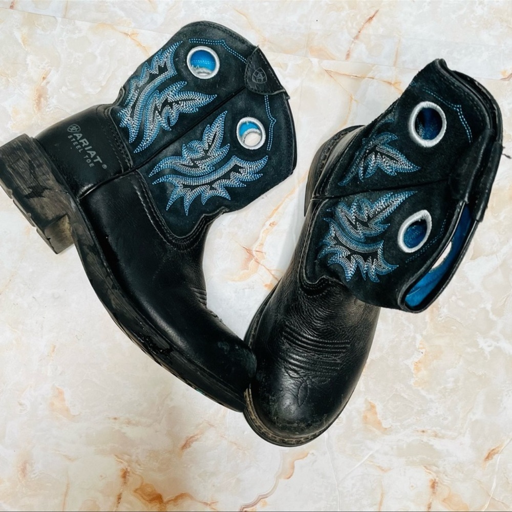 ARIAT Boots- Black Leather Boots Steel Toe Blue Stitch Detail 8